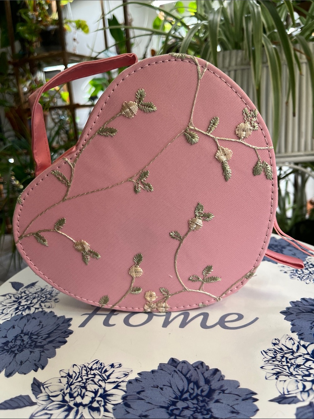 Pink Heart Crossbody Bag with Gold Floral Embroidery
